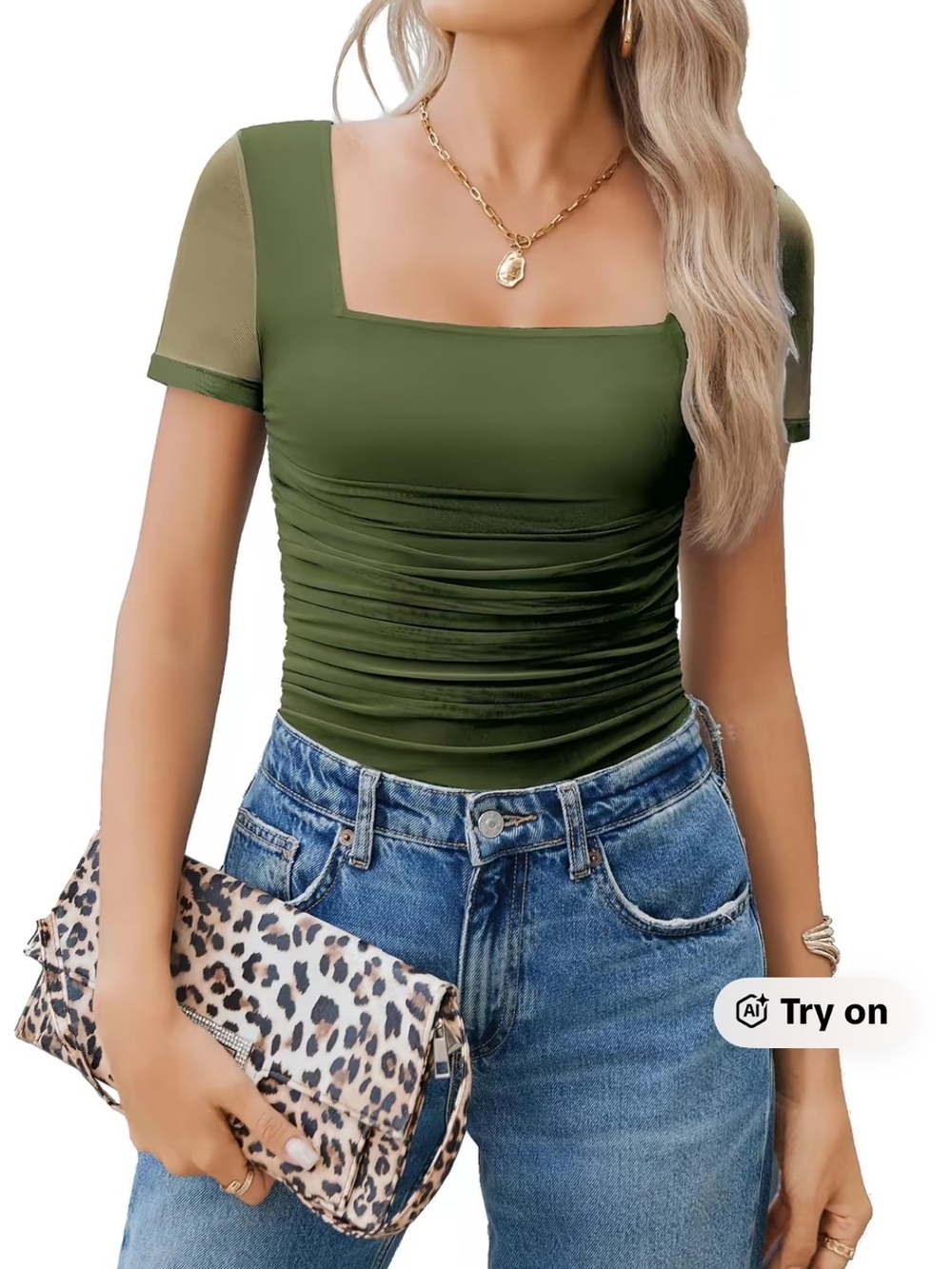 Olive Green Square-Neck Ruched Bodysuit